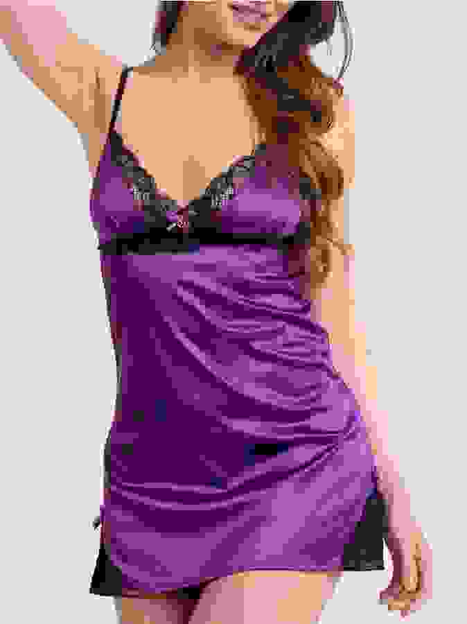 Lovehoney Satin and Lace Plum Chemise Set, Purple, hi-res